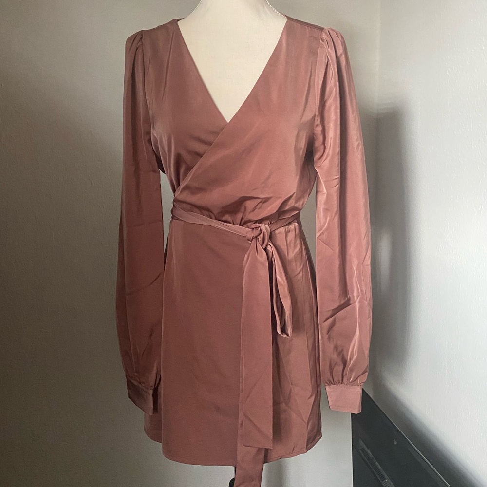 100% silk Elegant Long Sleeve Wrap Dress in Mauve